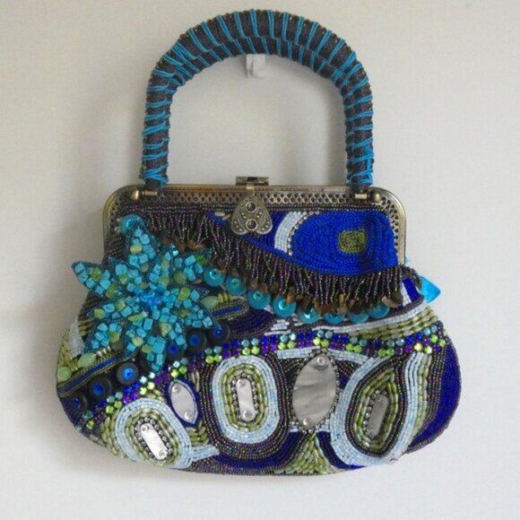 Chico's Beaded Purse in Blue Aqua and Turquoise Satchel Shoulder Crossbody - Picture 3 of 6